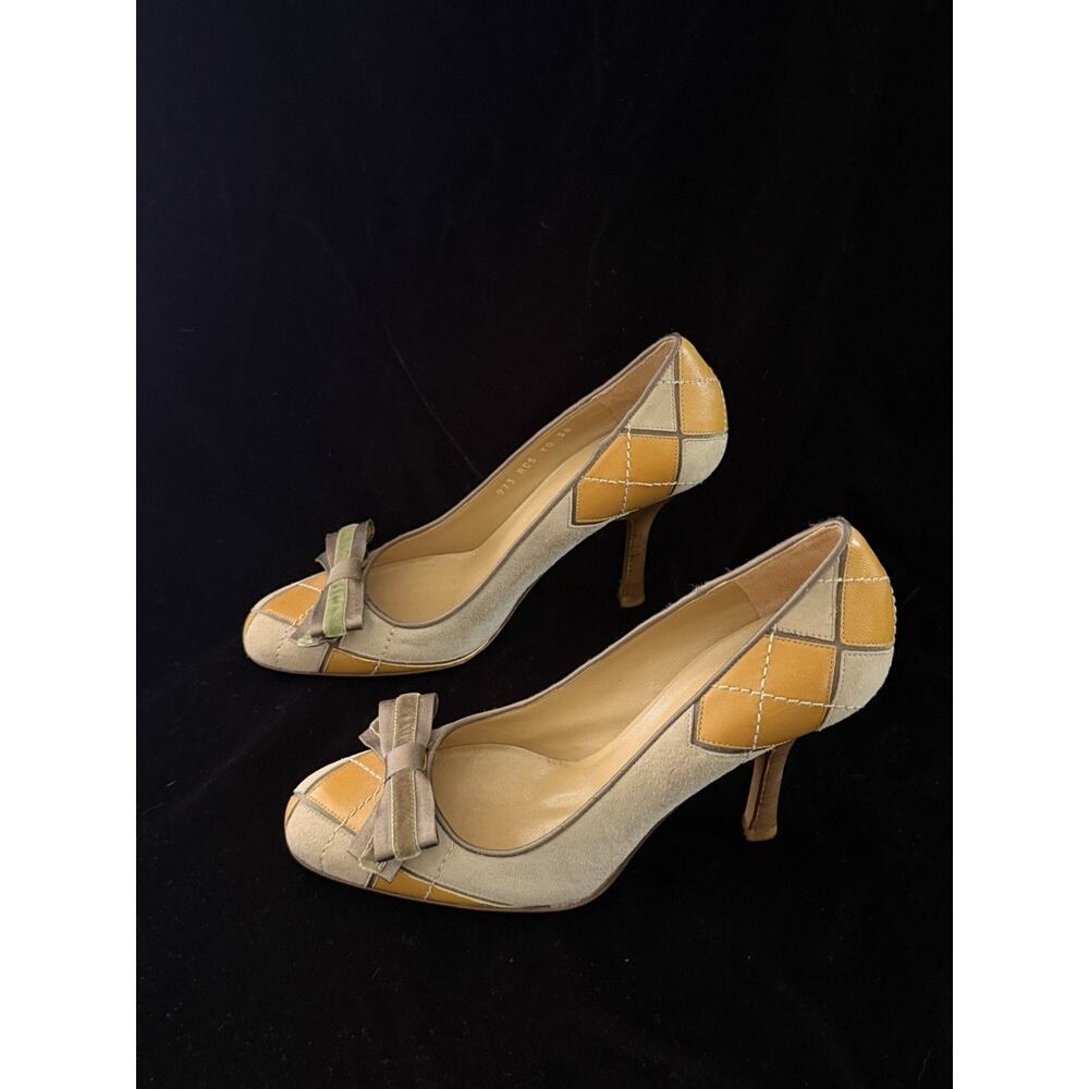 Valentino Garivani Vintage Y2K Argyle Patchwork Suede Heels w/ Velvet Bows Sz 38 - Picture 2 of 7